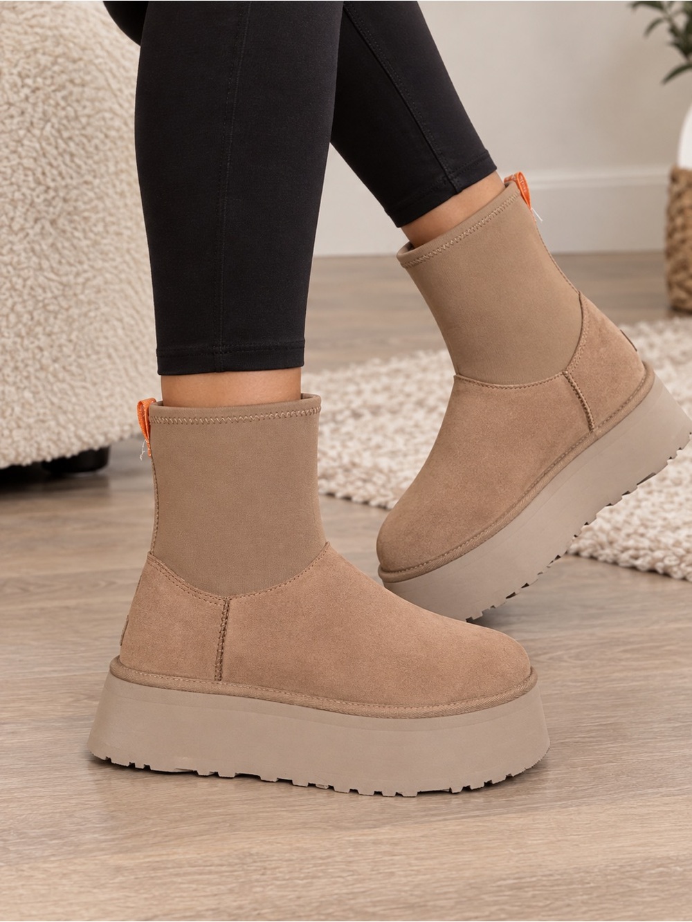 UGG Tan Platform Ankle Boot with Orange Pull Tab
